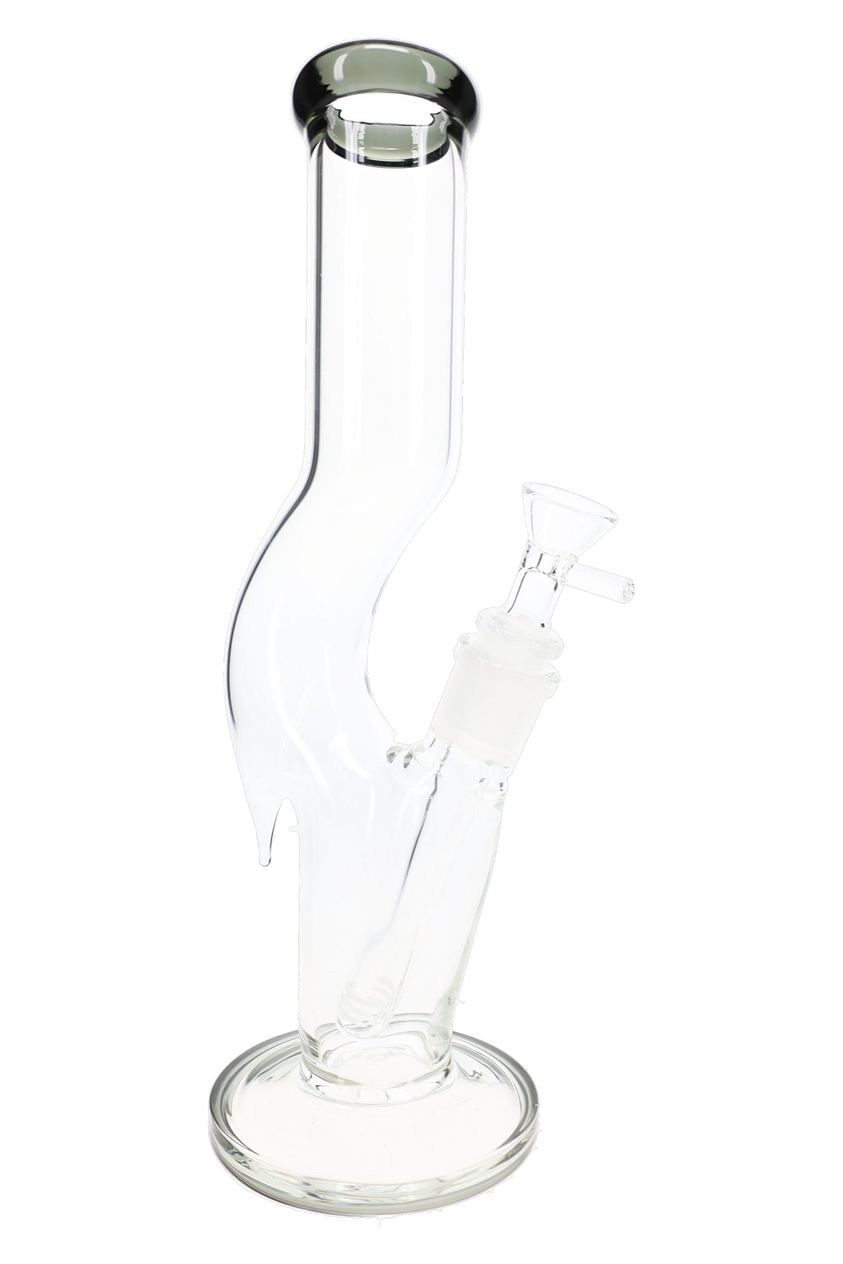 Black accent zig zag glass bong with clear straight tube body, round base, downstem, and bowl
