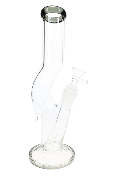 Black accent zig zag glass bong with clear straight tube body, round base, downstem, and bowl