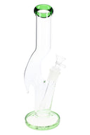 Green accent zig zag glass bong with tall clear tube, round foot, downstem, and dry herb bowl