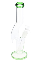 Green accent zig zag glass bong with tall clear tube, round foot, downstem, and dry herb bowl