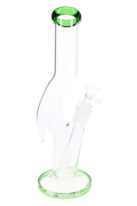 Green accent zig zag glass bong with tall clear tube, round foot, downstem, and dry herb bowl