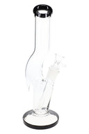 Black accent zig zag glass bong front view with curved clear body, glass bowl, and stable base