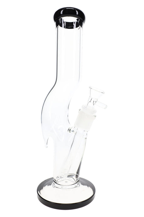 Black accent zig zag glass bong front view with curved clear body, glass bowl, and stable base