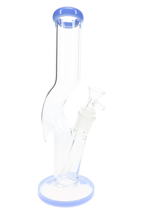 Blue accent zig zag glass bong with clear bent neck, removable downstem, and glass bowl