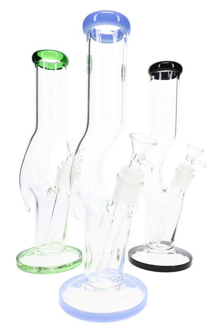 Three zig zag glass bongs with blue, green, and black accents, clear bowls, and round bases