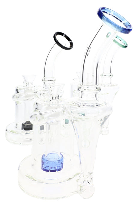Assorted recycler glass bongs with colored rims, showerhead percs, clear bowls, and looping tubes