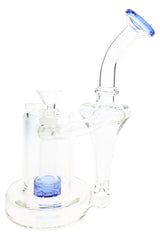 Blue accent recycler glass bong with showerhead perc, curved neck, clear bowl, and round base