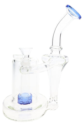 Blue accent recycler glass bong with showerhead perc, curved neck, clear bowl, and round base
