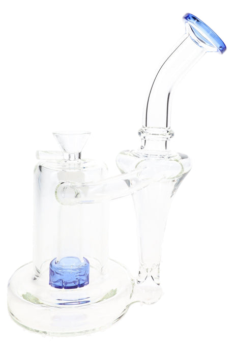 Blue accent recycler glass bong with showerhead perc, curved neck, clear bowl, and round base