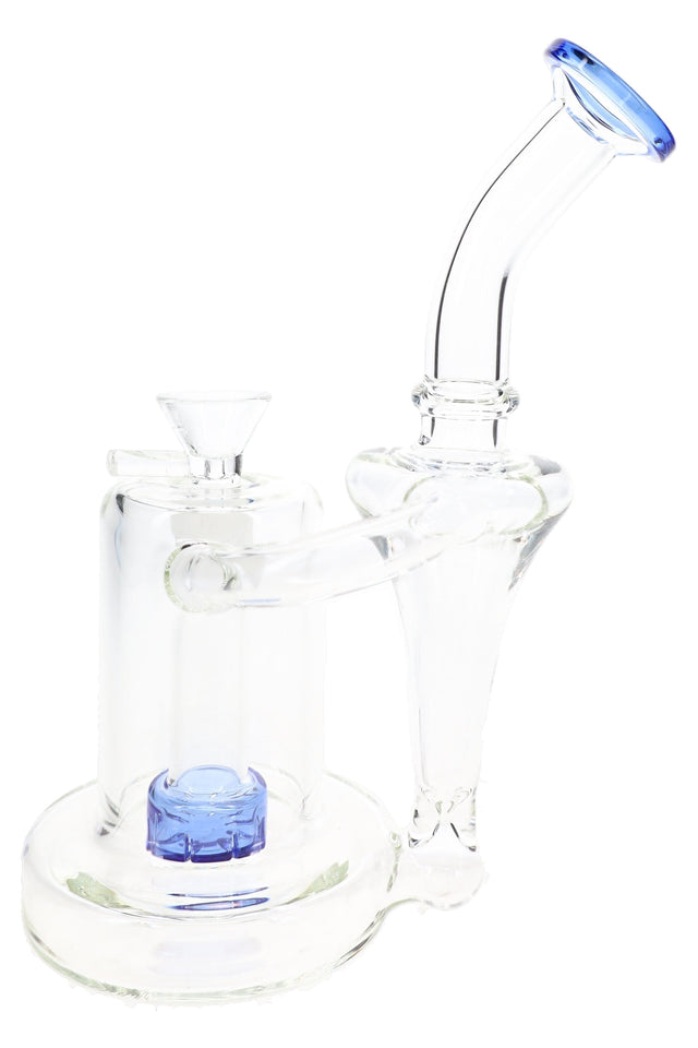 Blue accent recycler glass bong with showerhead perc, curved neck, clear bowl, and round base