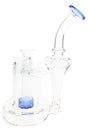 Blue accent recycler glass bong with showerhead perc, curved neck, clear bowl, and round base