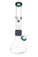 Two-part glass beaker bong with green accents, dome matrix perc, ice pinch, bowl, and connector sleeve
