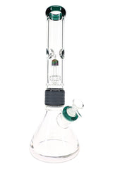 Two-part glass beaker bong with green accents, dome matrix perc, ice pinch, bowl, and connector sleeve