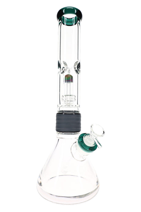 Two-part glass beaker bong with green accents, dome matrix perc, ice pinch, bowl, and connector sleeve