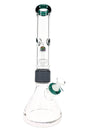 Two-part glass beaker bong with green accents, dome matrix perc, ice pinch, bowl, and connector sleeve
