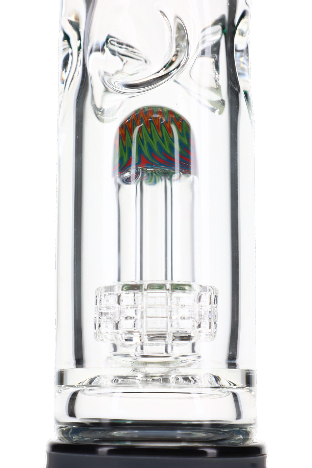 Close-up of glass bong dome matrix perc inside clear tube with colorful cap and thick chamber walls