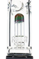 Close-up of glass bong dome matrix perc inside clear tube with colorful cap and thick chamber walls
