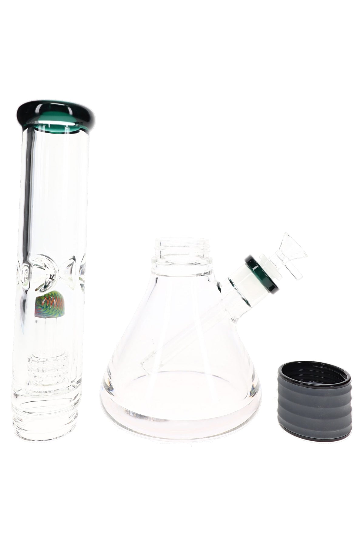Disassembled two-part glass beaker bong showing upper tube, beaker base, bowl, and black sleeve
