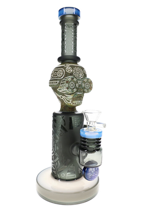 Frosted stone alien glass bong with straight shooter body, raised side medallion, and wide base