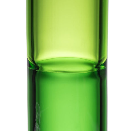 Close-up of Canopy BigFun! glass bong showing the bright green tricolor neck transition and thick glass walls