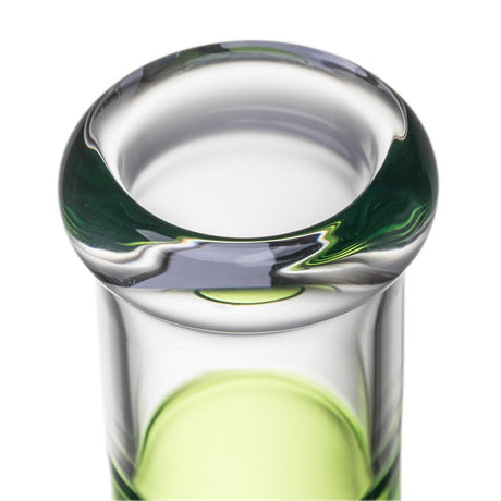 Close-up of BigFun! Tricolor glass bong flared clear mouthpiece above the green Canopy neck