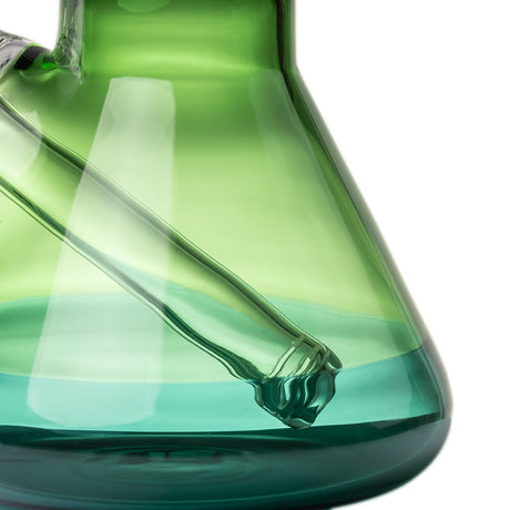 Close-up of Canopy BigFun! glass bong downstem extending into the teal beaker base for water filtration