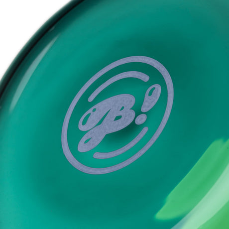 Close-up of BigFun! Tricolor glass bong logo printed on the teal Canopy beaker base beneath the green neck