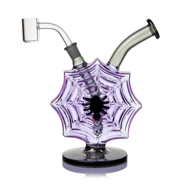 MJ Arsenal Nightcrawler dab rig front view with purple spiderweb body, black spider accent, dark base, and quartz banger