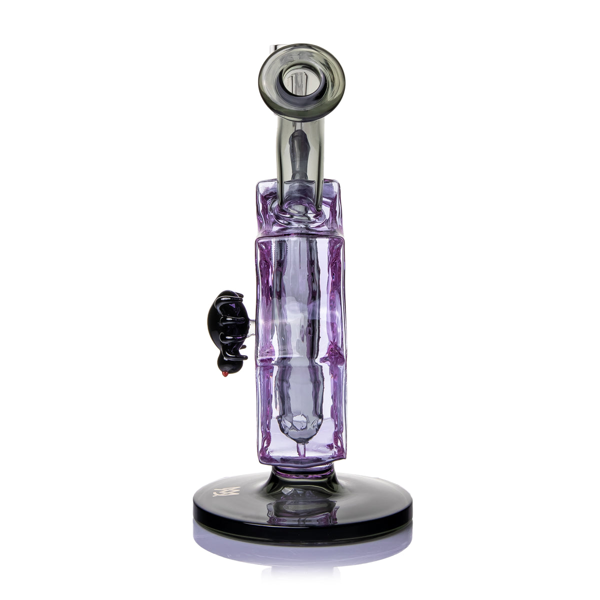 Rear view of MJ Arsenal Nightcrawler dab rig with purple spiderweb glass body, curved dark mouthpiece, and stable round base