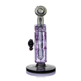 Rear view of MJ Arsenal Nightcrawler dab rig with purple spiderweb glass body, curved dark mouthpiece, and stable round base