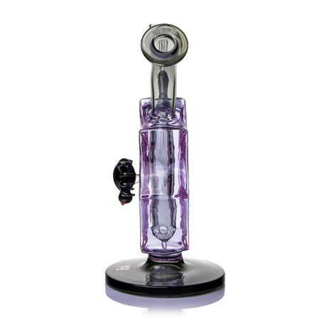 Rear view of MJ Arsenal Nightcrawler dab rig with purple spiderweb glass body, curved dark mouthpiece, and stable round base