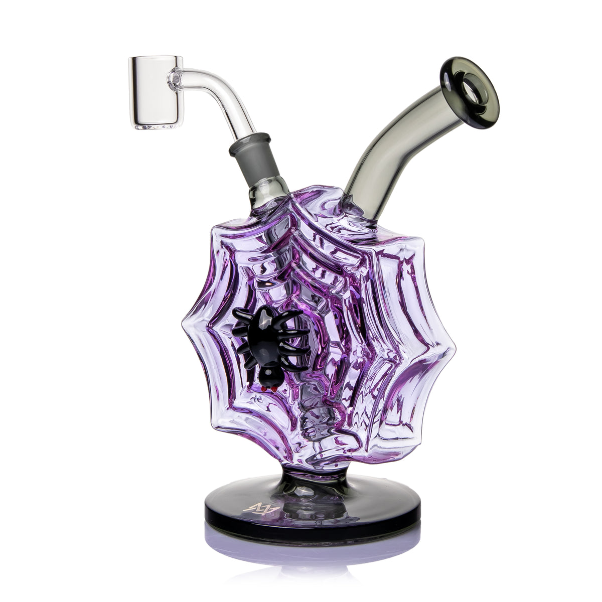 Angled MJ Arsenal Nightcrawler dab rig with sculpted purple spiderweb body, black spider accent, and quartz banger attached