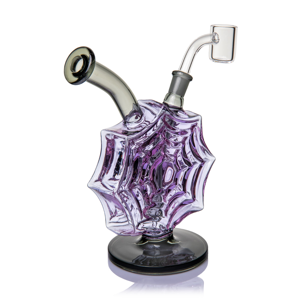 Rear three-quarter view of MJ Arsenal Nightcrawler dab rig showing layered purple spiderweb glass and curved dark mouthpiece