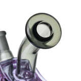 Close-up of MJ Arsenal Nightcrawler dab rig curved dark glass mouthpiece with flared rim and purple body below