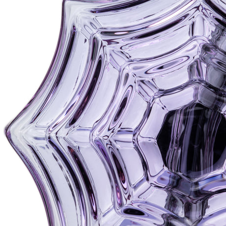 Close-up of sculpted purple spiderweb pattern on MJ Arsenal Nightcrawler dab rig showing thick dimensional glass ridges