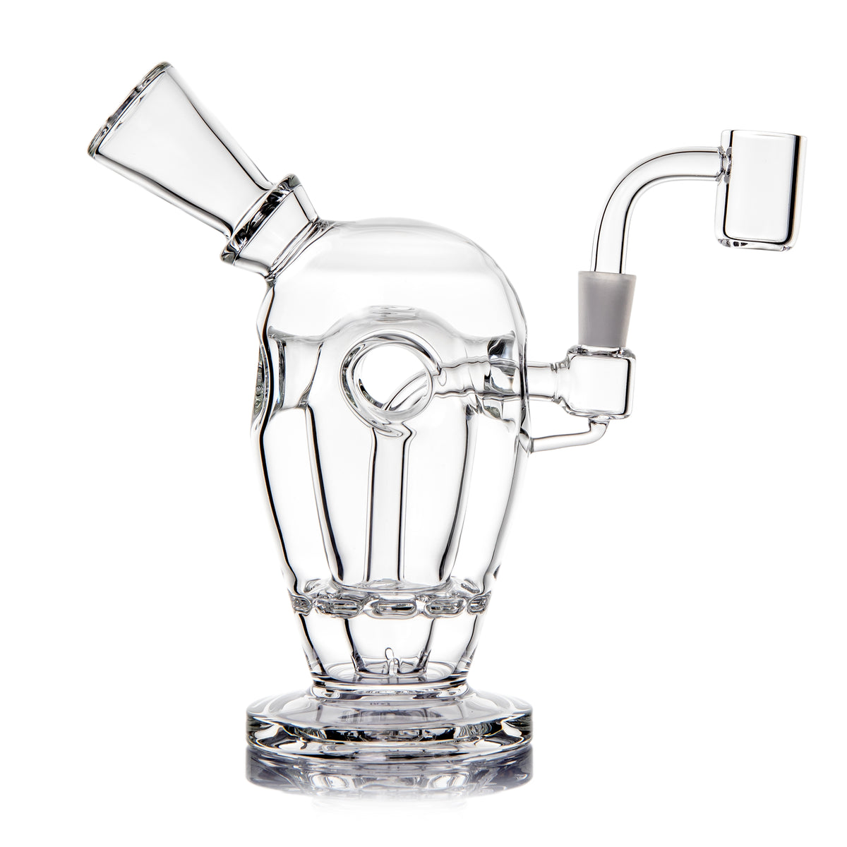 MJ Arsenal Voyager mini dab rig front view with clear Fab Egg body, angled mouthpiece and 10 mm quartz banger