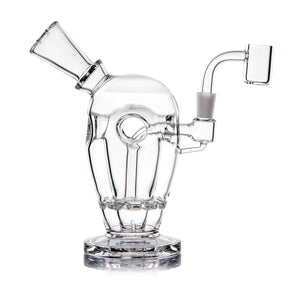 MJ Arsenal Voyager mini dab rig front view with clear Fab Egg body, angled mouthpiece and 10 mm quartz banger