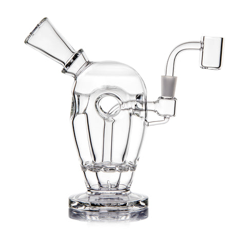 MJ Arsenal Voyager mini dab rig front view with clear Fab Egg body, angled mouthpiece and 10 mm quartz banger
