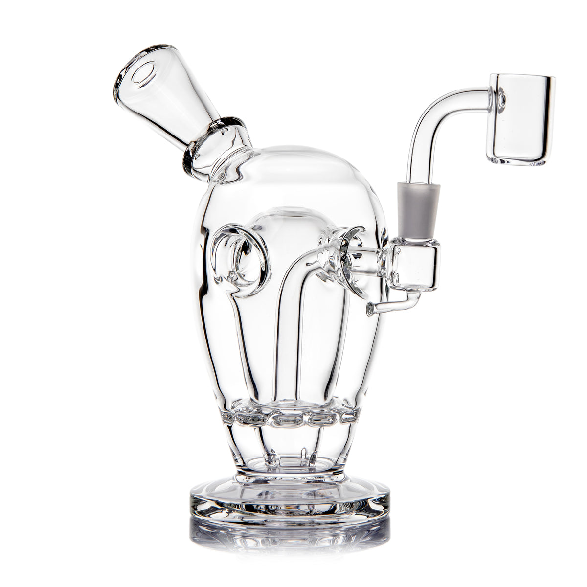 MJ Arsenal Voyager mini dab rig angled view showing clear Fab Egg chamber, disc perc and quartz banger