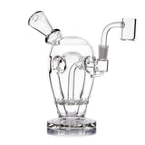 MJ Arsenal Voyager mini dab rig angled view showing clear Fab Egg chamber, disc perc and quartz banger