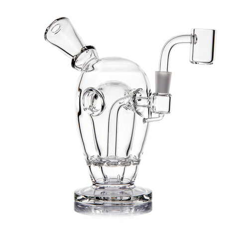 MJ Arsenal Voyager mini dab rig angled view showing clear Fab Egg chamber, disc perc and quartz banger