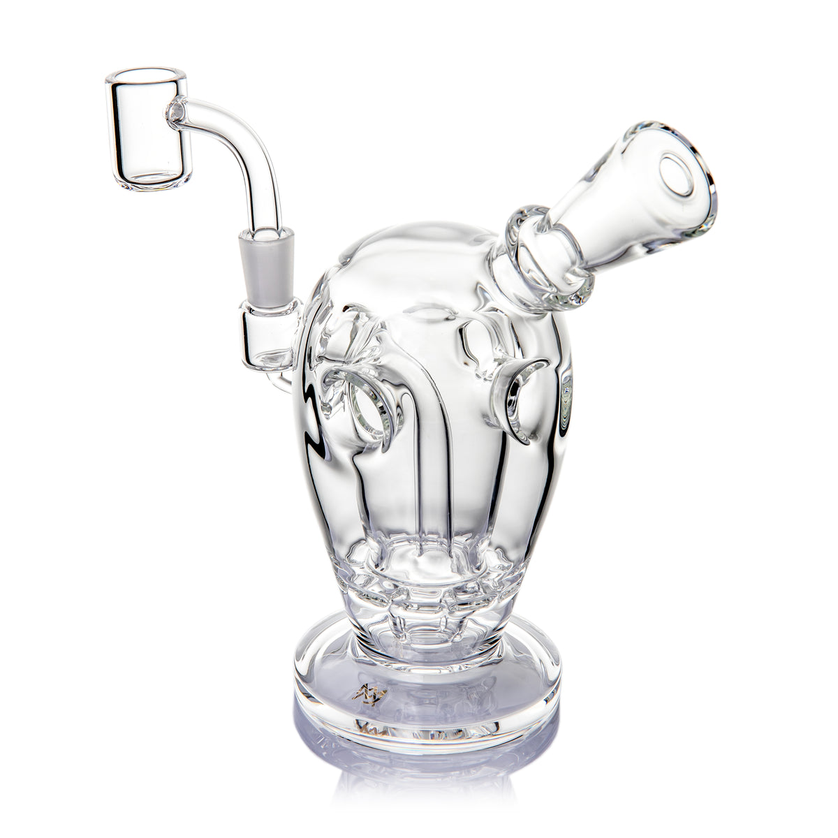 Clear MJ Arsenal Voyager dab rig three-quarter view with wide base, Fab Egg openings and 10 mm banger