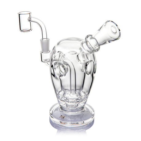 Clear MJ Arsenal Voyager dab rig three-quarter view with wide base, Fab Egg openings and 10 mm banger