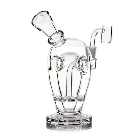 MJ Arsenal Voyager mini dab rig side view with clear borosilicate body, angled mouthpiece and quartz banger