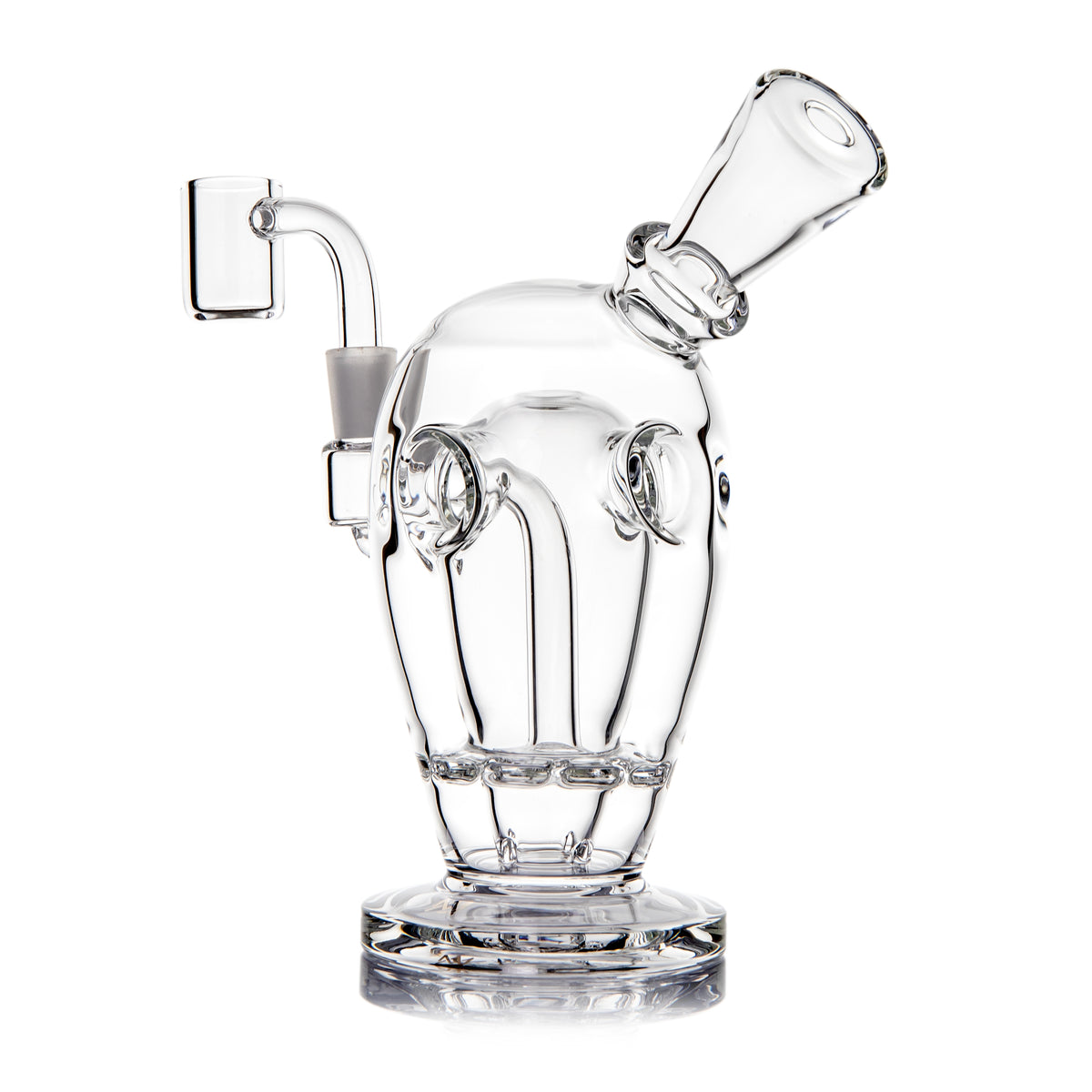 Clear Voyager mini dab rig rear angle showing Fab Egg openings, sturdy round base and 10 mm quartz banger