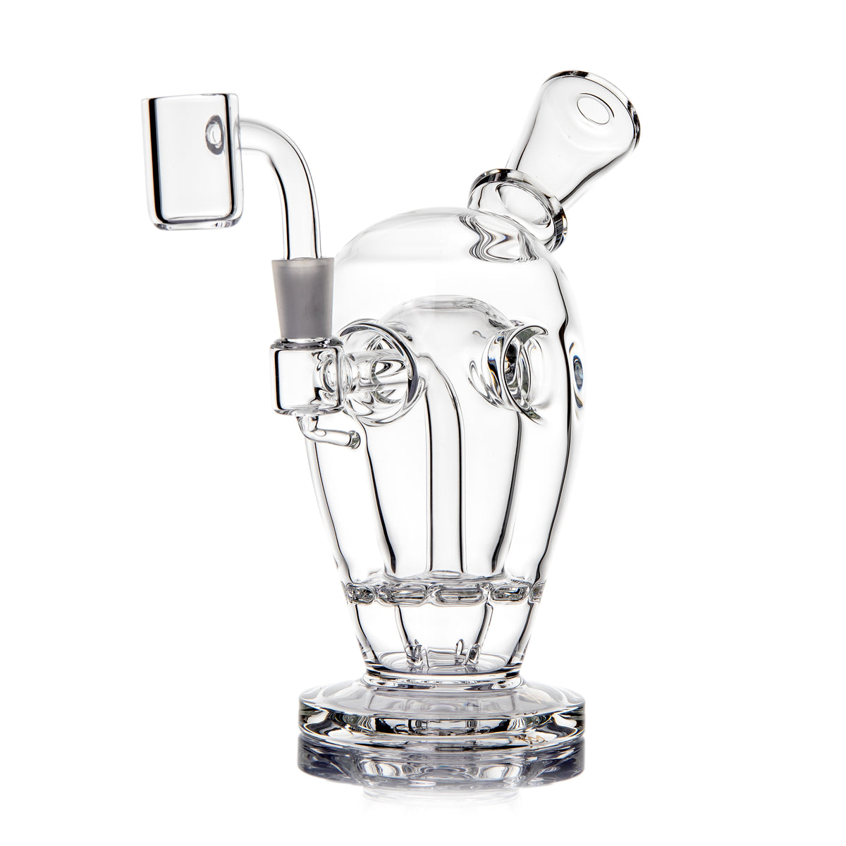 MJ Arsenal Voyager dab rig side angle with clear Fab Egg chamber, disc perc and included quartz banger