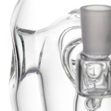 Close-up of MJ Arsenal Voyager dab rig joint area with frosted 10 mm connection and clear glass chamber