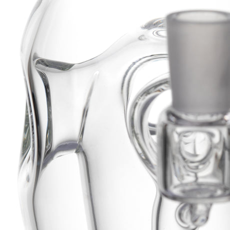 Close-up of MJ Arsenal Voyager dab rig joint area with frosted 10 mm connection and clear glass chamber