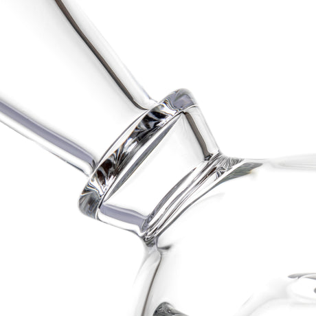 Close-up of MJ Arsenal Voyager dab rig reinforced angled mouthpiece joint and thick clear borosilicate glass