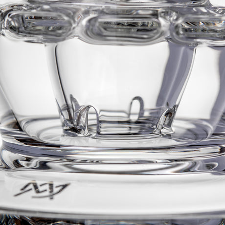 Close-up of MJ Arsenal Voyager dab rig angled mouthpiece with thick clear rim and reinforced neck joint